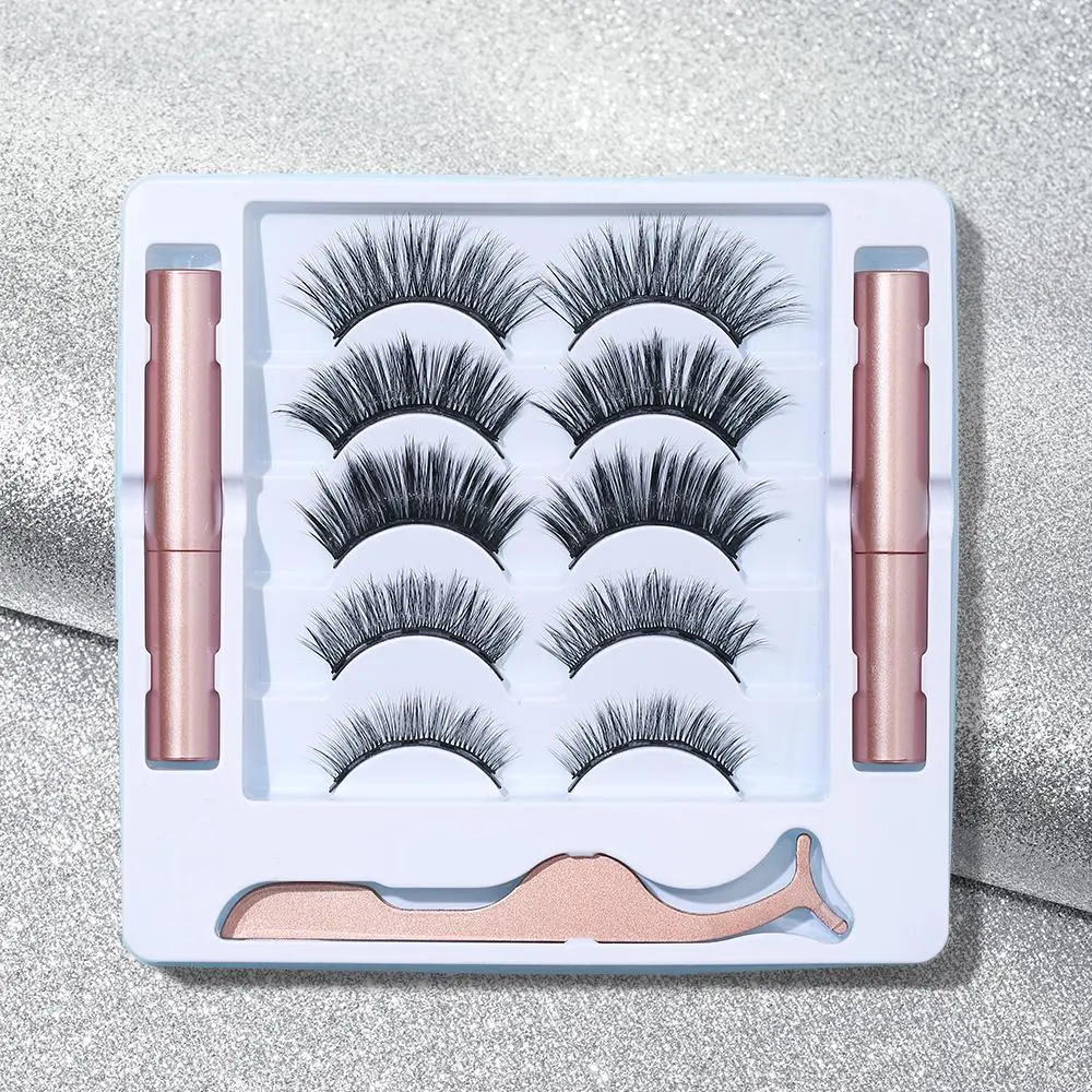 Eyelashes with Magnetic Eyeliner Kit, Professional Eye Makeup Products Including 5 Pairs Faux Cluster Eyelashes & 2 Magnetic Eyeliner & 1 Eyelash Tweezers, DIY