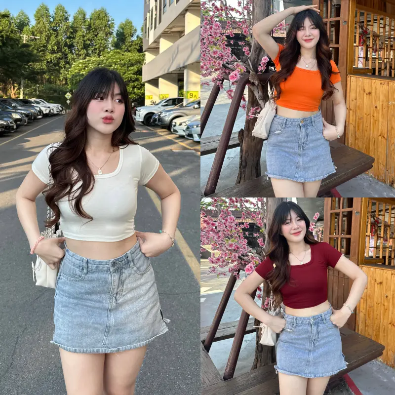 Share เสื้อครอปเบสิคลุค ทรงคอเหลี่ยม ผ้าเรย่อนยืดเยอะ  สาวอวบใส่ได้น้า ผ้าเย็นใส่สบาย ใส่แล้วพรางหุ่นม้าก รุ่น นิตยา