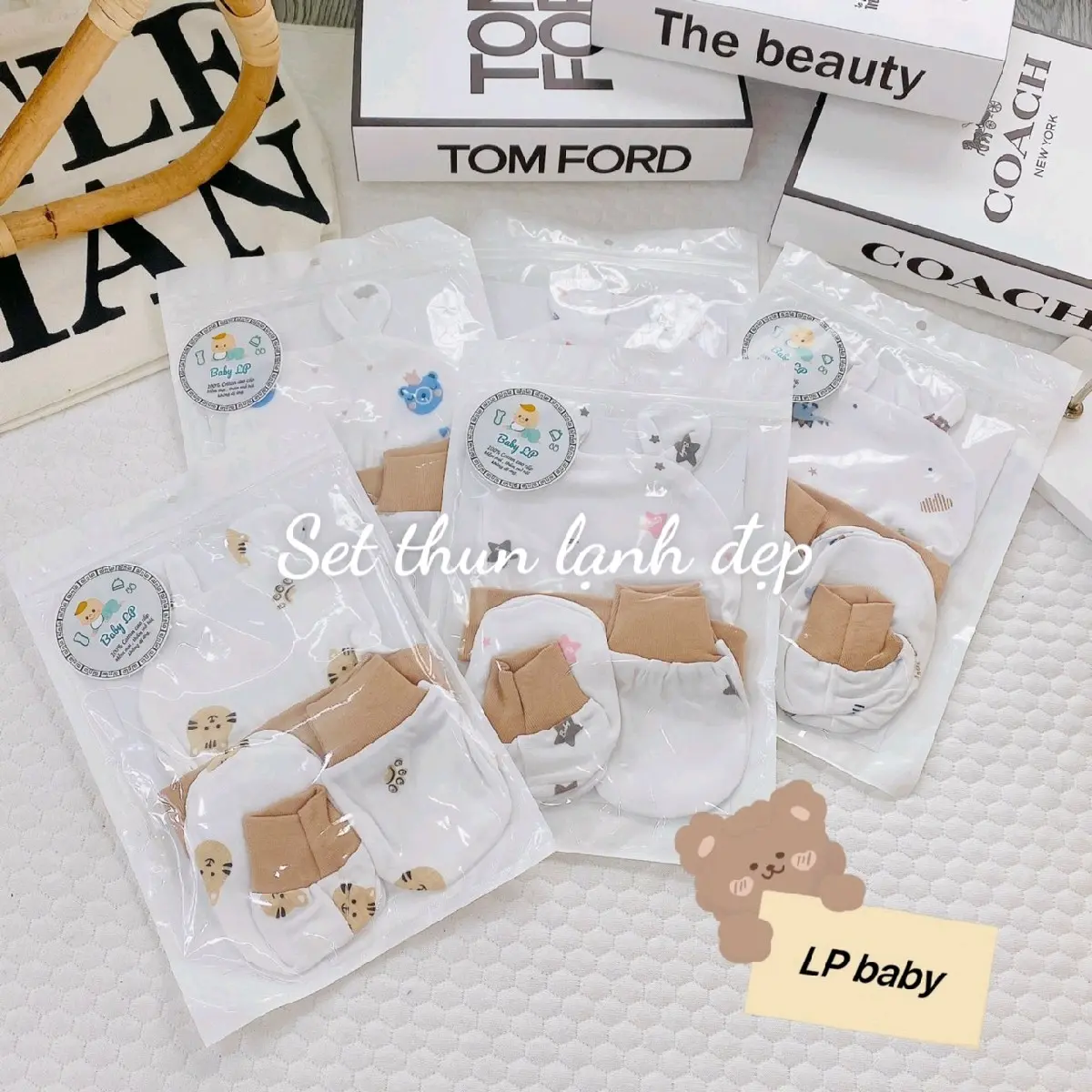 combo 5 set mũ bao tay bao chân thun lạnh cho bé