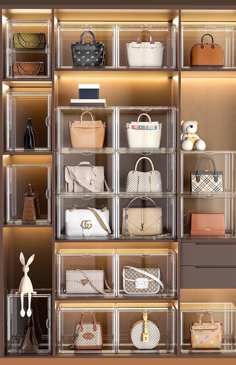 Product Introduction of Shopclassyshop Clear storage box for ladies handbag Collectable Bag box display magnetic suction acrylic luxury dust-proof Organiser Transparent storage space Pet 18