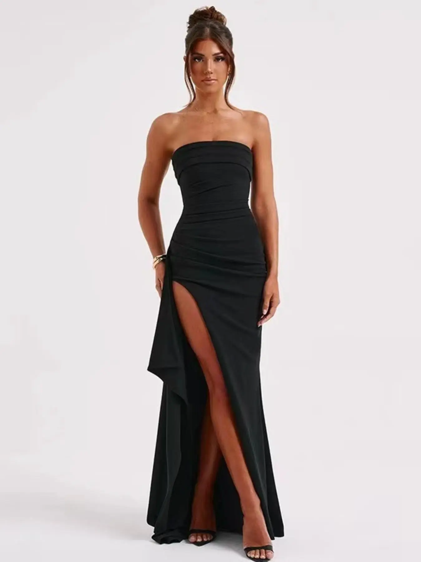 Women's Plain Ruched Backless Split Thigh Bodycon Tube Dress, Elegant Strapless Maxi Dress for Party Club Dating Wear, Ladies Clothes for All Seasons, Spring Fall Fancy Dress, Dresses for Women, Party Dresses, Evening Gown