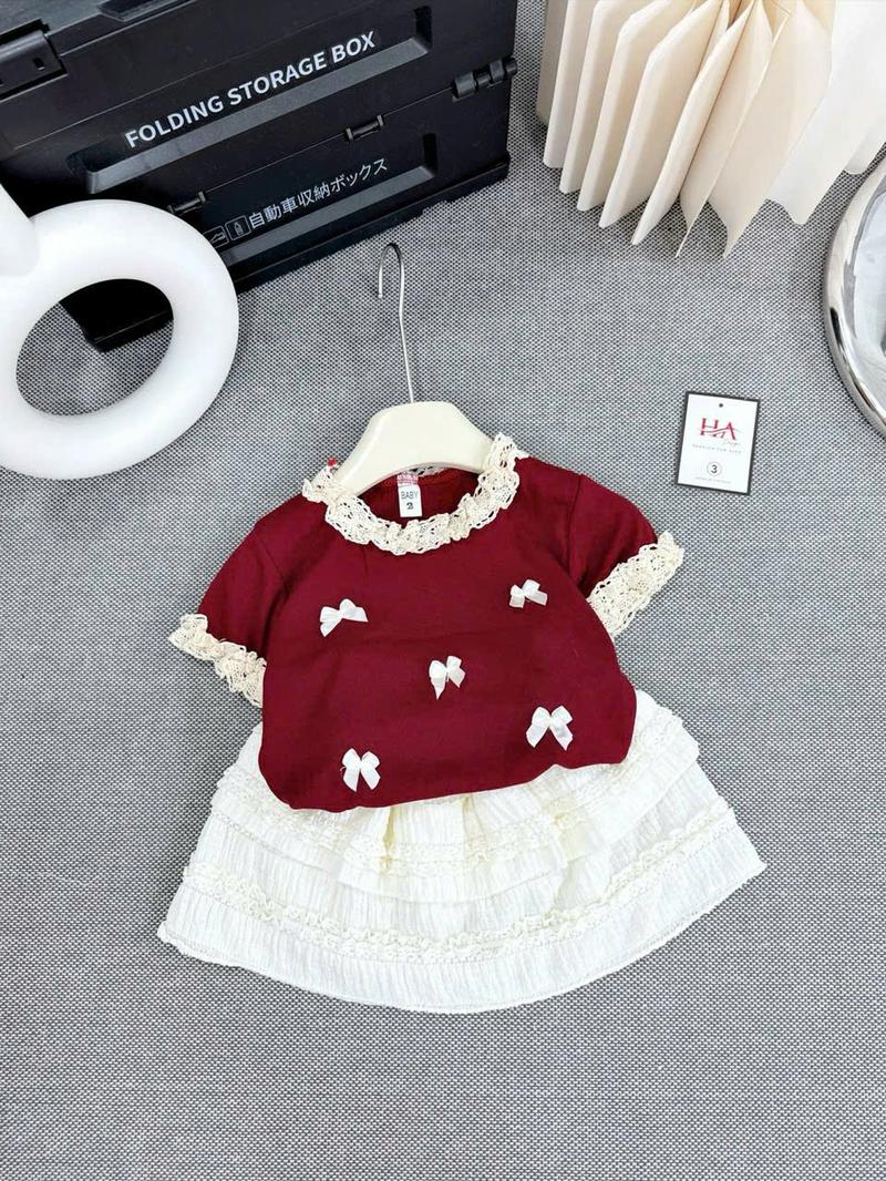 Product Introduction of [S1] Sét bộ 1 áo đỏ nơ + 1 chân váy trắng siêu dễ thương cho bé gái size 9-25kg 4