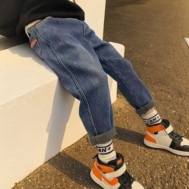 Quần Dài Denim Lót Lông Cừu, Cho Bé Trai, Lót Lông Cừu Một Lớp, Dày Dặn, Hàng Mới Về Thu Đông 2024, Quần Ống Dáng Rộng Thường Ngày Cho Trẻ Em, Cỡ Trung Bình Và Lớn