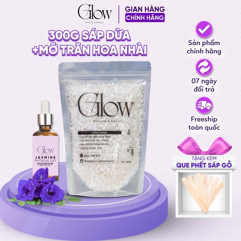 Combo Sáp Wax Lông Sữa Dừa 300Gr + Mỡ Trăn Hoa Nhài 10ml GLOWWAXING Siêu Bám Lông Tặng Que Gỗ Che Tên Sản Phẩm