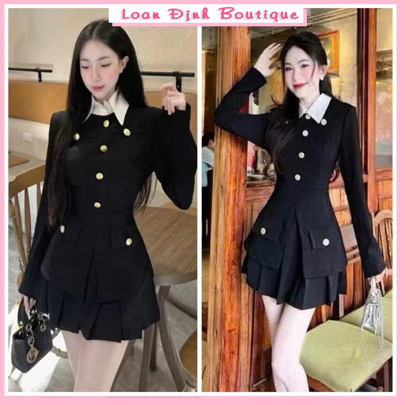 Set Váy Tuyết Mưa Cổ Sơ Mi Chân Váy Xếp Ly Ngắn Kèm Quần Trong Cúc Đồng Dress Nữ Top Women Loan Định Boutique LD020 Kem Áo Kem Áo