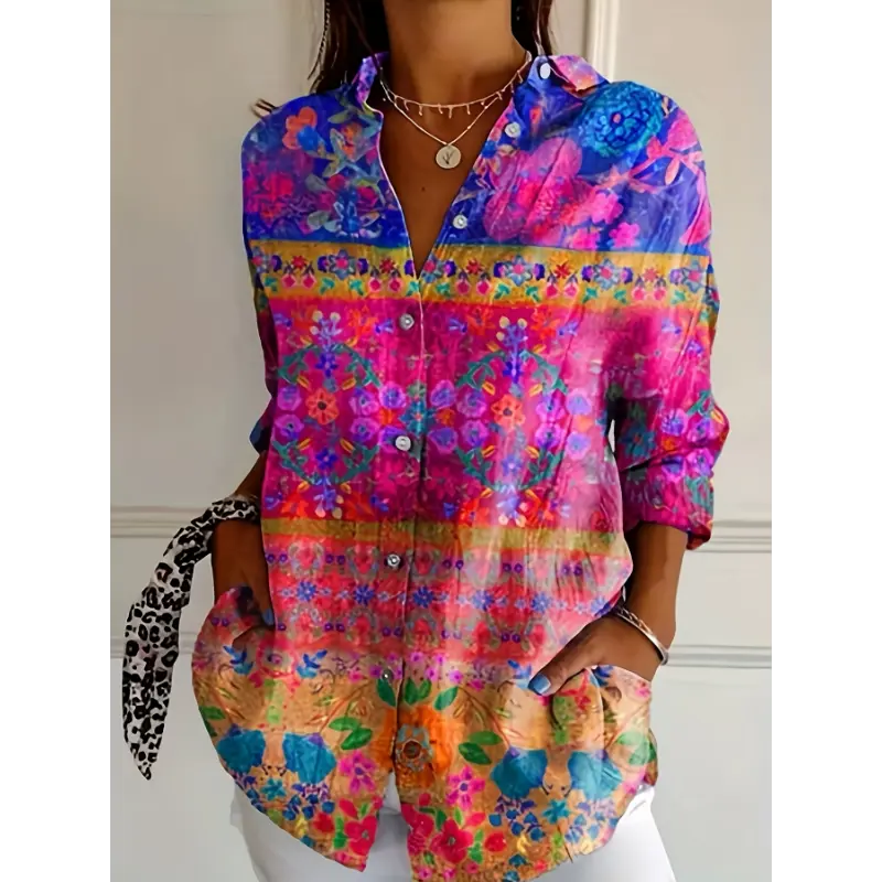 [Polyester Blend Chic Shirt] Machine Washable Polyester Blend Chic Floral Print Button-Up Shirt for Women - Casual Long Sleeve, Perfect for Spring & Fall