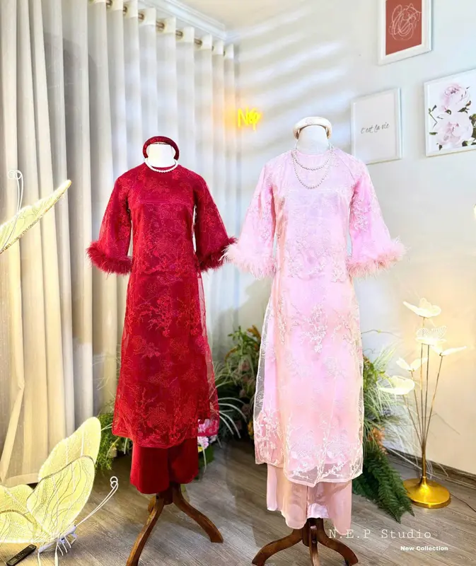 Áo dài Von tơ thêu phối tay nông cách tân hot trend chụp anh đi chơi du xuân 2025 Nữ Women Dress Cổ Tròn Voan 6