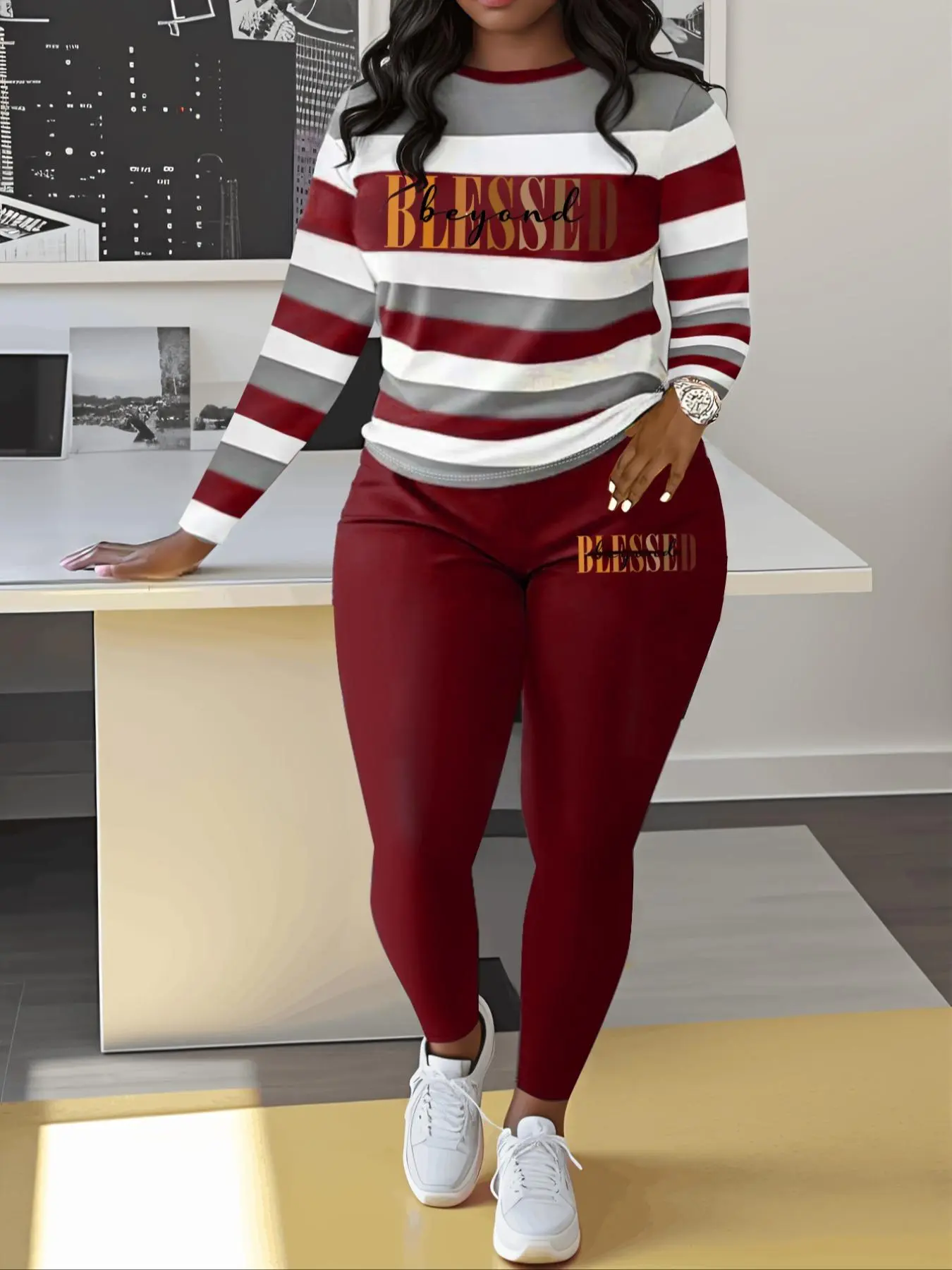 Women's Striped Letter Print Tee & Pants Two-Piece Set, Casual Round Neck Long Sleeve Top & Trousers 2 Piece Set for Fall & Winter, Women's Clothes for Daily Wear