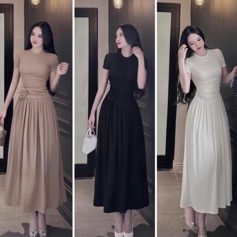 D24 Đầm Body Tay Ngắn Hoa Eo Dáng Xoè dài chất thun tăm lạnh mềm mịn co dãn Women Dress
