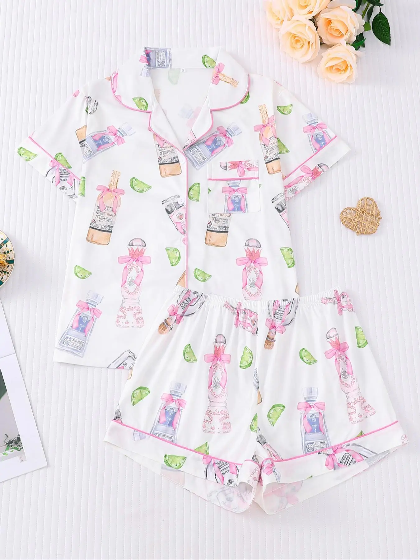 Women's Bottle Print Top & Elastic Waist Shorts Pajama Two-piece Set, Casual Comfy Short Sleeve Top & Shorts Loungewear Set, Ladies Summer Sleepwear