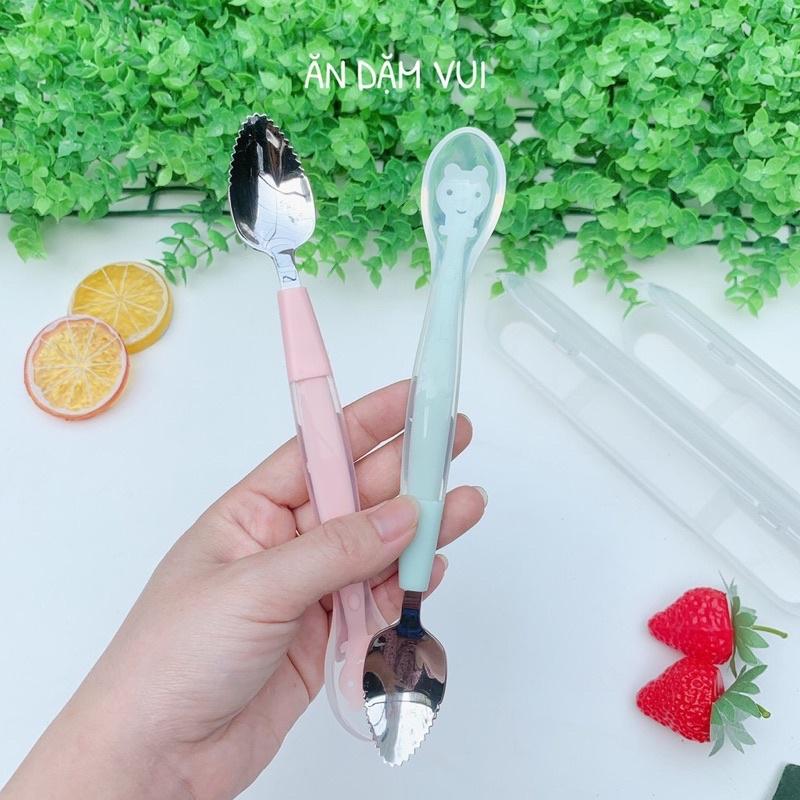 Thìa muỗng nạo nhỏ hoa quả có hộp đựng cho bé ăn dặm 2 đầu silicon và inox 304