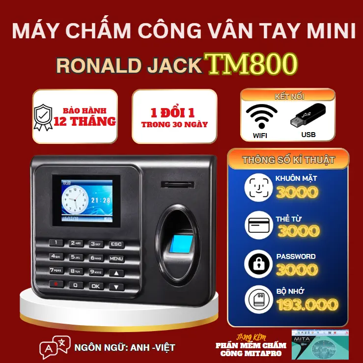 Máy chấm công Vân tay Mini Ronald Jack TM800 Kết nối Wifi, Lấy dữ diệu trực tiếp từ máy