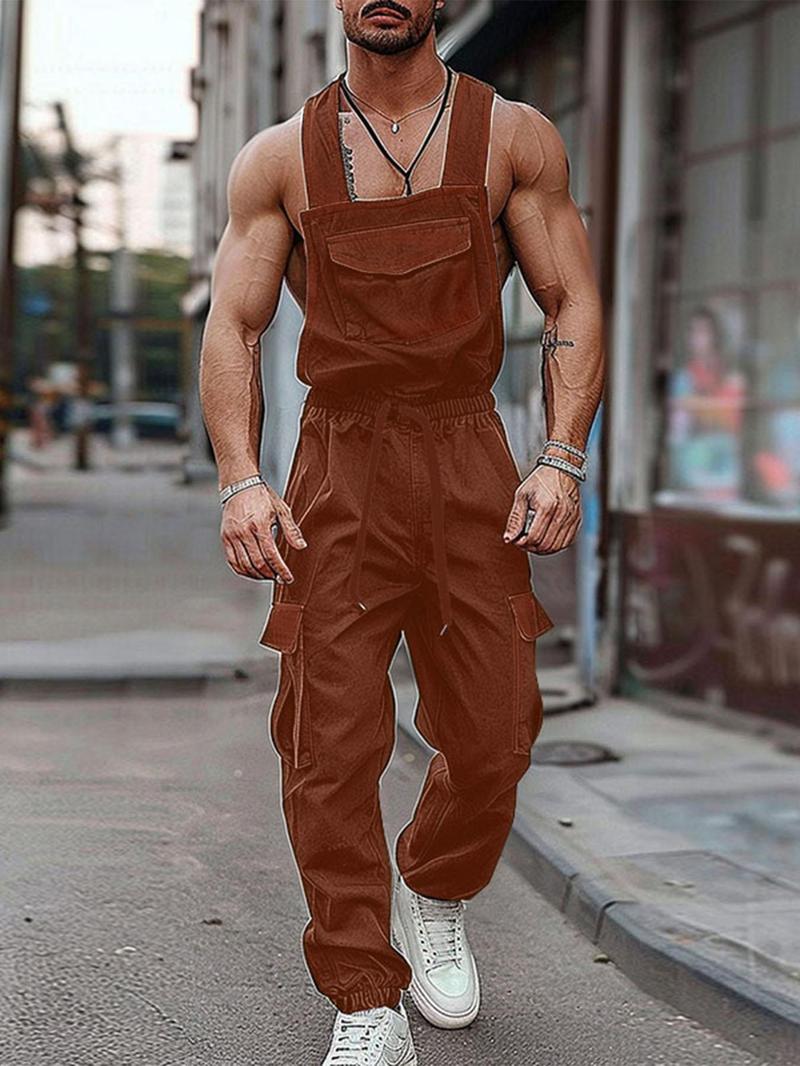 Product Introduction of Men's Solid Criss Cross Drawstring Waist Overalls, Loose Casual Pocket Overall Jumpsuit for Daily Wear, Fashion Men's Clothes for All Seasons 16