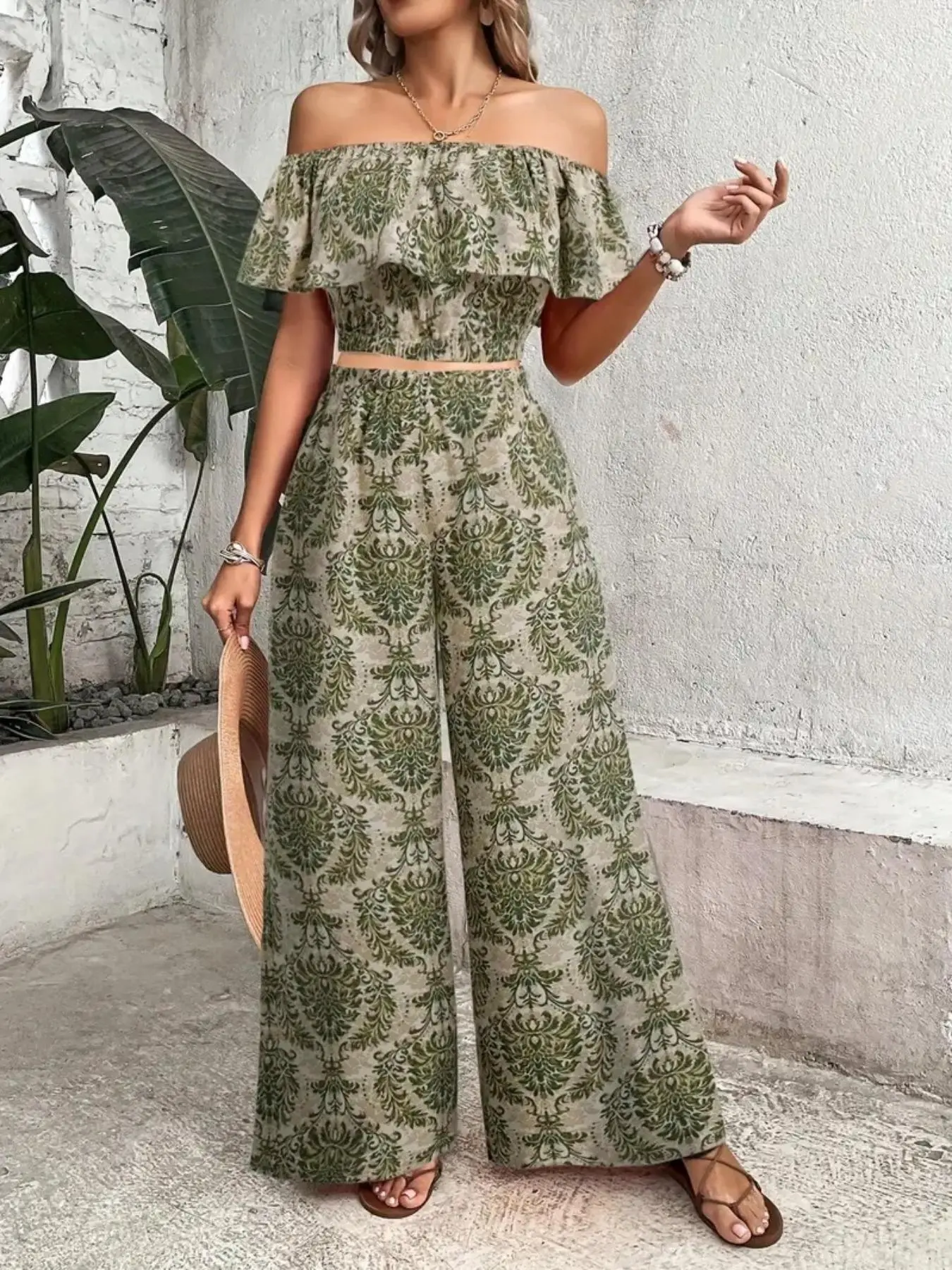Women's All Over Print Off Shoulder Top & Wide Leg Pants Set, Casual Fashion Two-piece Set for Summer, Women's Clothing for Daily Wear