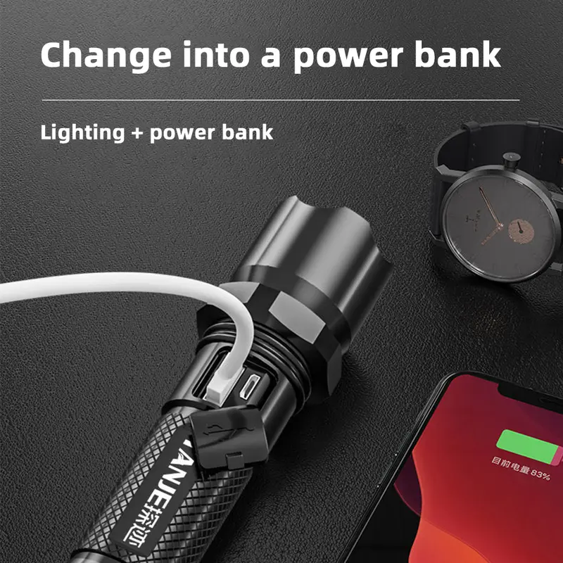 Đèn Pin Led Lấy Nét Sáng Mạnh Mẽ, Đèn Pin Sạc Lại USB Di Động Cho Gia Đình Và Ngoài Trời, Có Thể Thu Phóng, Không Thấm Nước, P-Ong B-ank 7