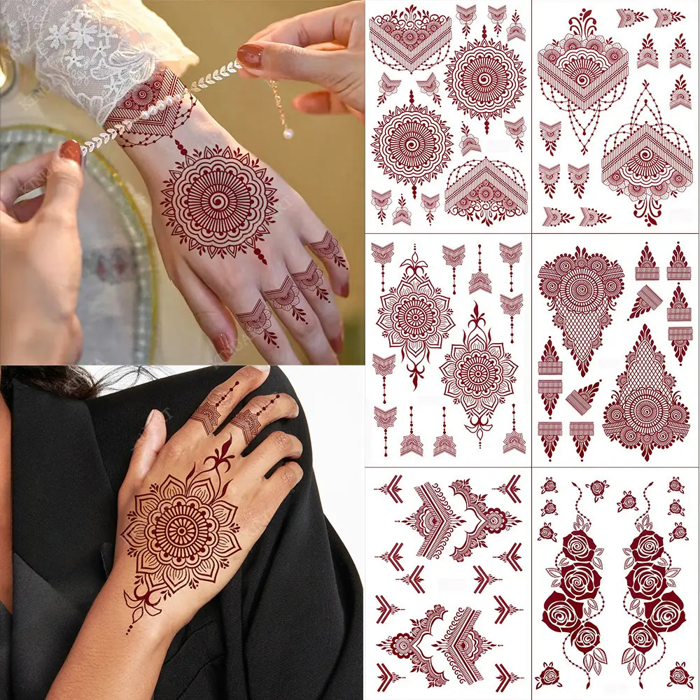 Maroon Brown Henna Tattoo Stickers for Women Waterproof Temporary Tattoos  for Hand Flower Fake Tattoo for Wedding Festival Body Art Tattoo