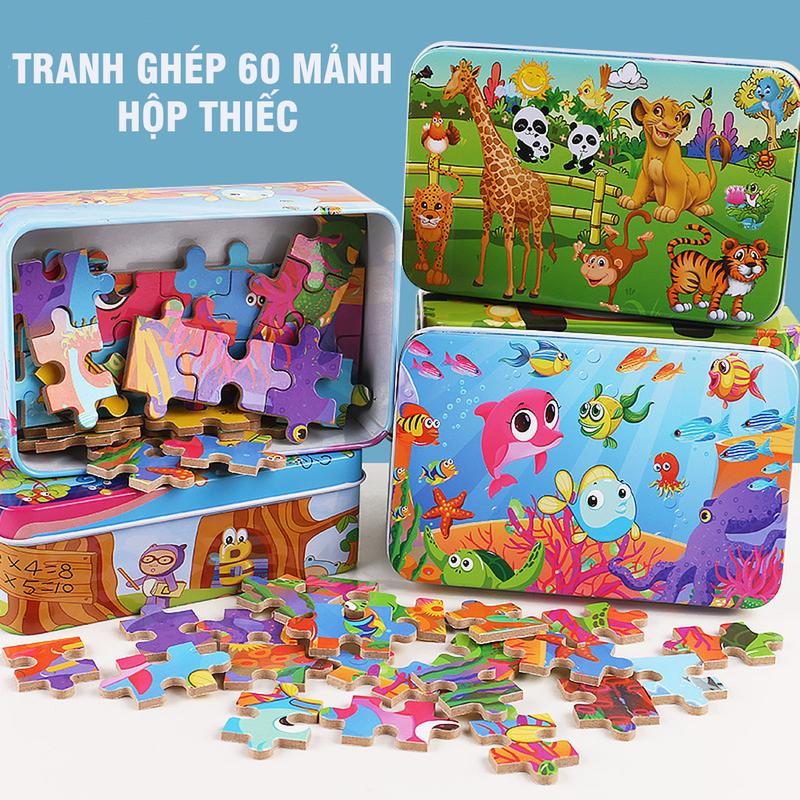 Bộ Ghép Hình 60 Mảnh hộp thiếc Dành Cho Bé, 60 Miếng Ghép Hình Bằng Gỗ công nghiệp ép mịn An Toàn Cho Bé
