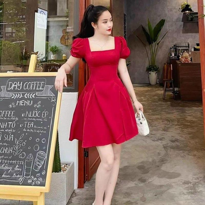 Đầm xoè nữ tay phồng cổ vuông có mút dự tiệc dạo phố xếp ly vải for  KEM 4