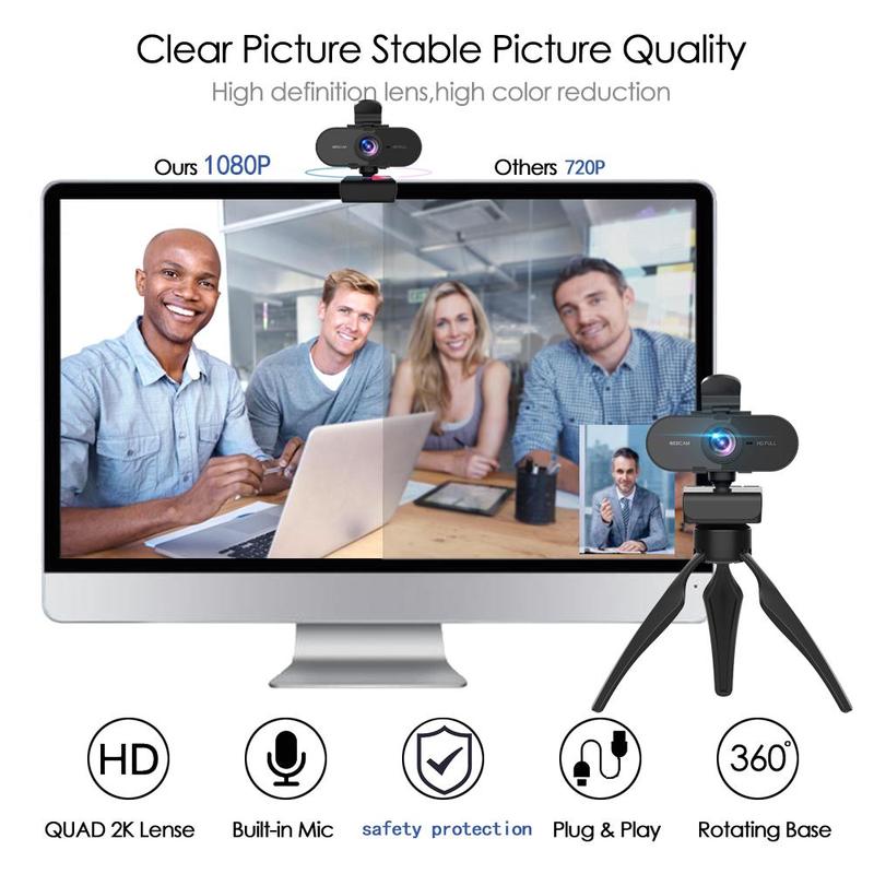 1080P HD Webcam, Computer Webcam, PC Webcam with Built-in Microphone, 360-Degree Rotation Triangle Stand Webcam with Privacy Cover 2