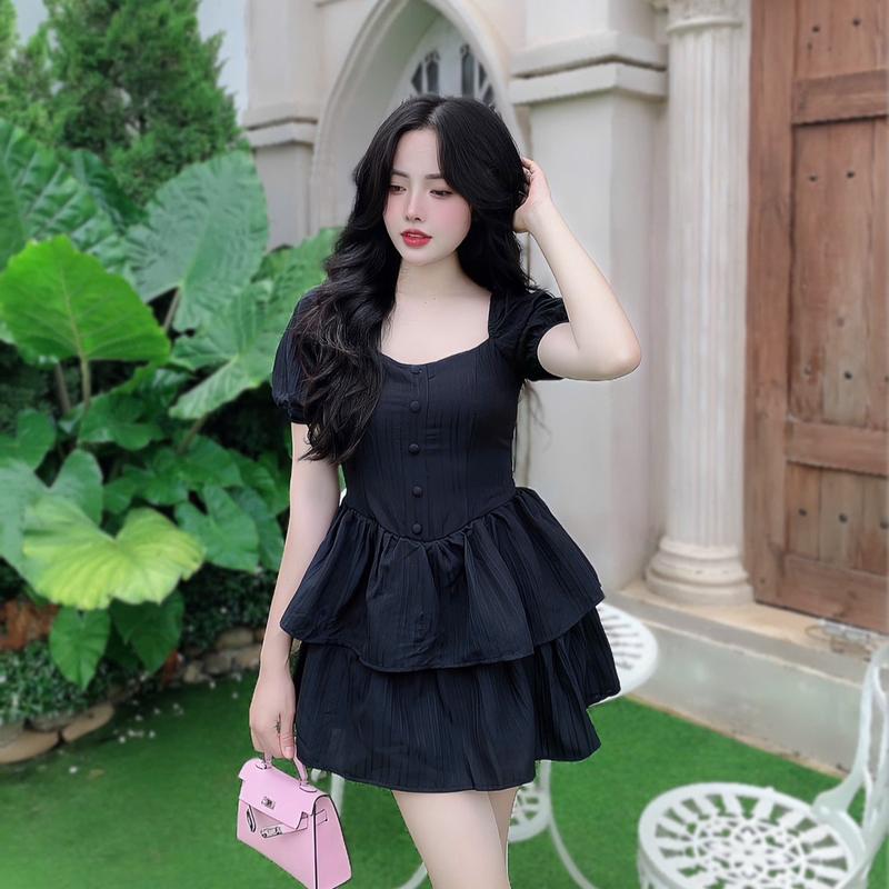 Váy  Dự Tiệc Có Mút Cổ Vuông Trễ Vai Tay Ngắn Vải Xốp Nhật Bigsize 50-100kg Nữ Dress Voan Đầm Women Đen - B.1304 6