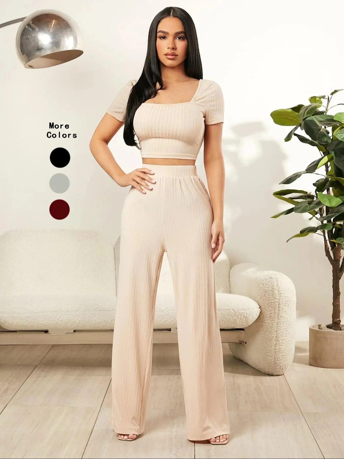 Two-piece Set Women's Plain Textured Co-ord Set, Casual Square Neck Short Sleeve Crop Top & Straight Leg Pants Set, Women's Summer Clothes for Daily Wear