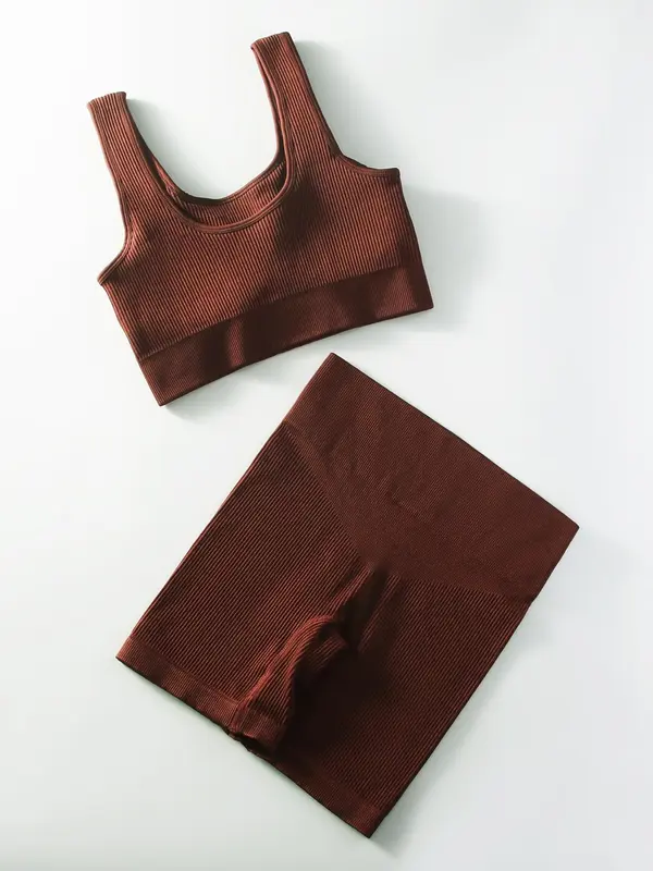 Women's Solid Ribbed Crop Top & High Waist Shorts Sportswear Set, Casual Comfy Breathable Two-piece for Yoga Gym Workout Running, Ladies Sportswear for All Seasons 8