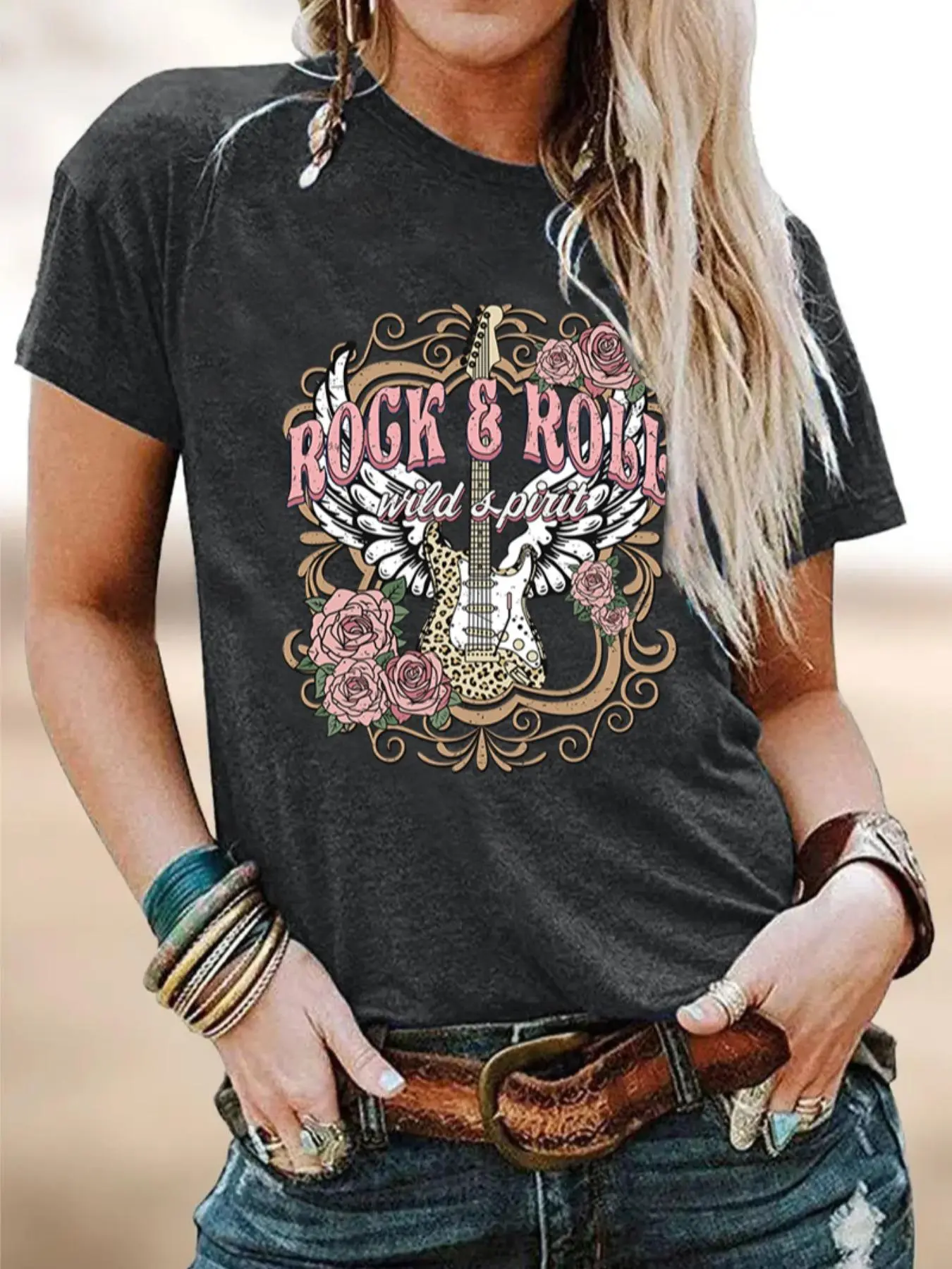 Women's Floral & Guitar & Letter Print Round Neck Tee, Summer Clothes Women, Going Out Top, Streetwear, Casual Graphic Short Sleeve T-Shirt for Summer, Y2k Outfits Streetwear