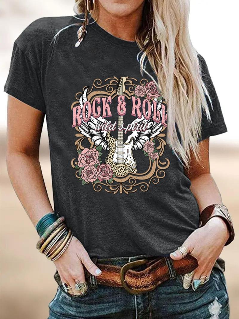 Product Introduction of Women's Floral & Guitar & Letter Print Round Neck Tee, Summer Clothes Women, Going Out Top, Streetwear, Casual Graphic Short Sleeve T-Shirt for Summer, Y2k Outfits Streetwear 6