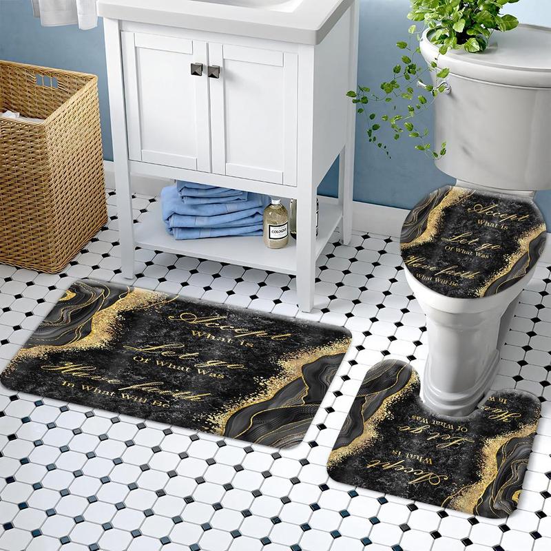 Marble Pattern Bathroom Accessories, 1 Set Including Shower Curtain with 12 Hooks, Non Slip Bath Mat, U Shaped Rug, Toilet Lid Cover, Bathroom Decor Supplies 4