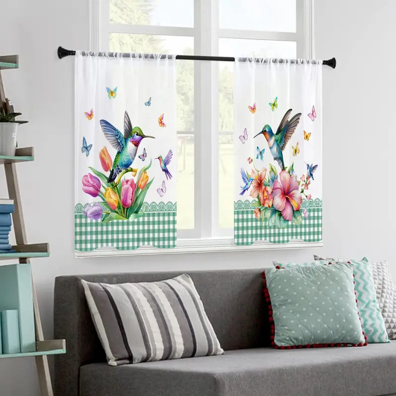 Floral & Hummingbird Pattern Curtain, 2 Counts/set Modern Simple Short Curtain, Window Curtain for Home Living Room Bedroom Kitchen Bathroom 4