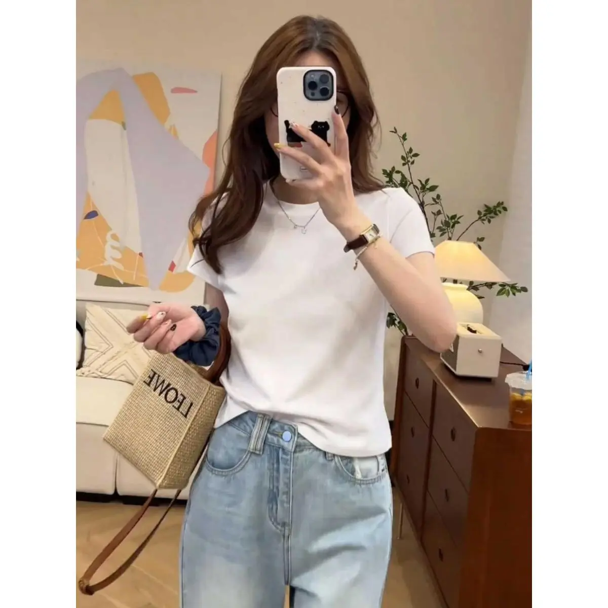 Korean white short-sleeved T-shirt women's new summer casual solid color slim round neck pure cotton top