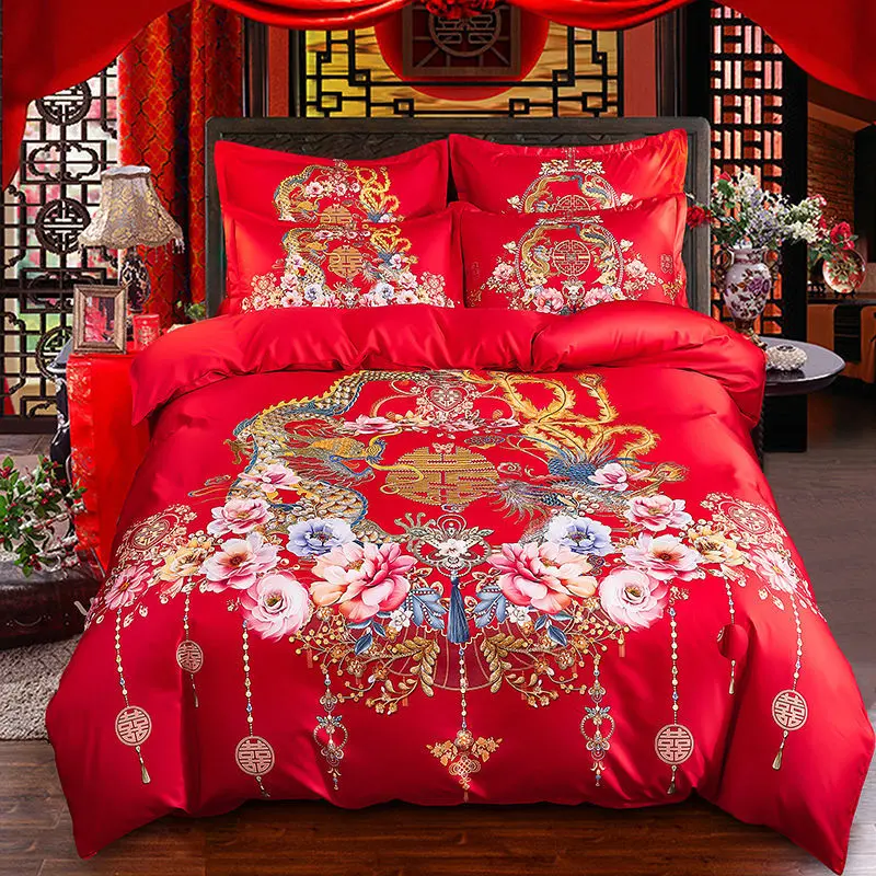 Bộ Bốn Món Đám Cưới, Màu Đỏ Tươi, Ga Trải Giường Dày, Vỏ Chăn, Vỏ Chăn Đôi, Bộ Đồ Giường, Hàng Mới Về, Thích Hợp Làm Quà Cưới 7