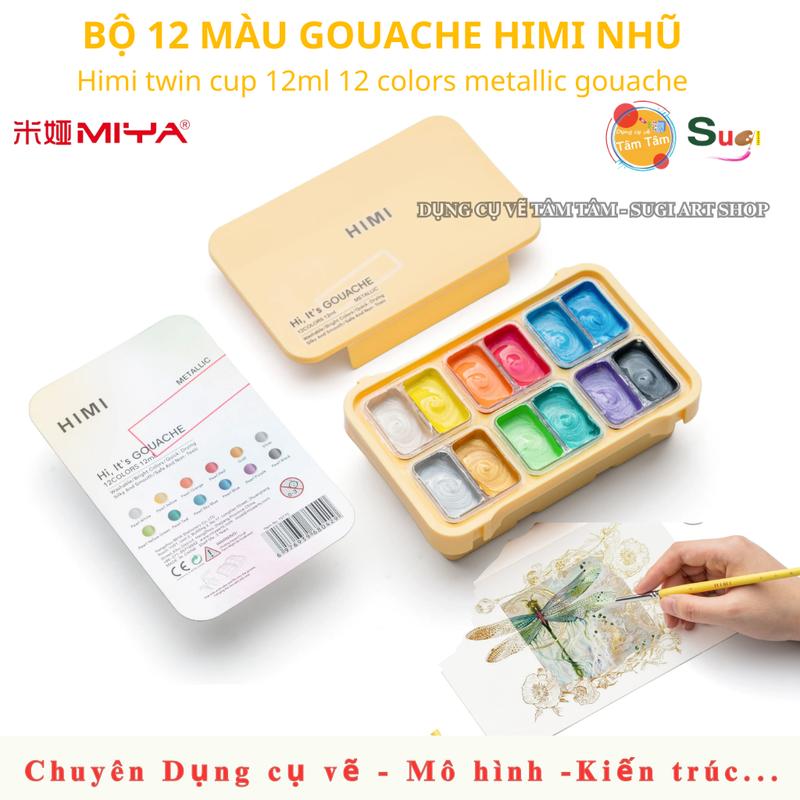 Màu Himi Sinh đôi 12 Màu ánh nhũ - Gouache HIMI Metallic - Dụng cụ vẽ Tâm Tâm - Sugi Art Shop
