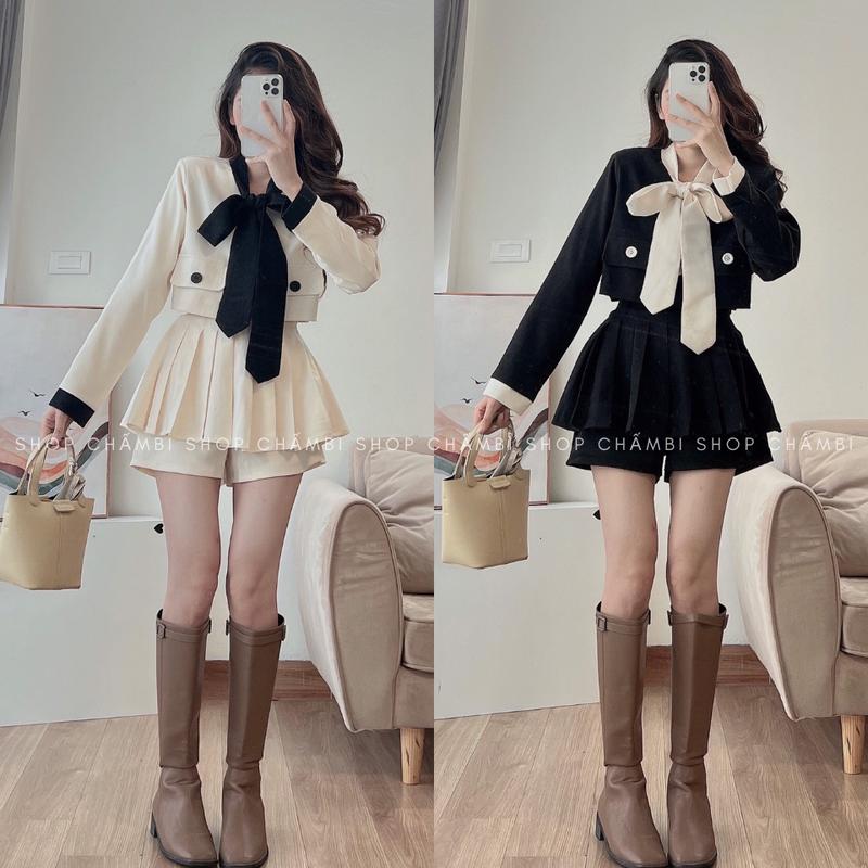   KHÔNG KÈM BELT  Set đồ nữ đi chơi S.162 Set áo thắt nơ mix quần váy xếp ly tiểu thư - Shop Chấm Bi 