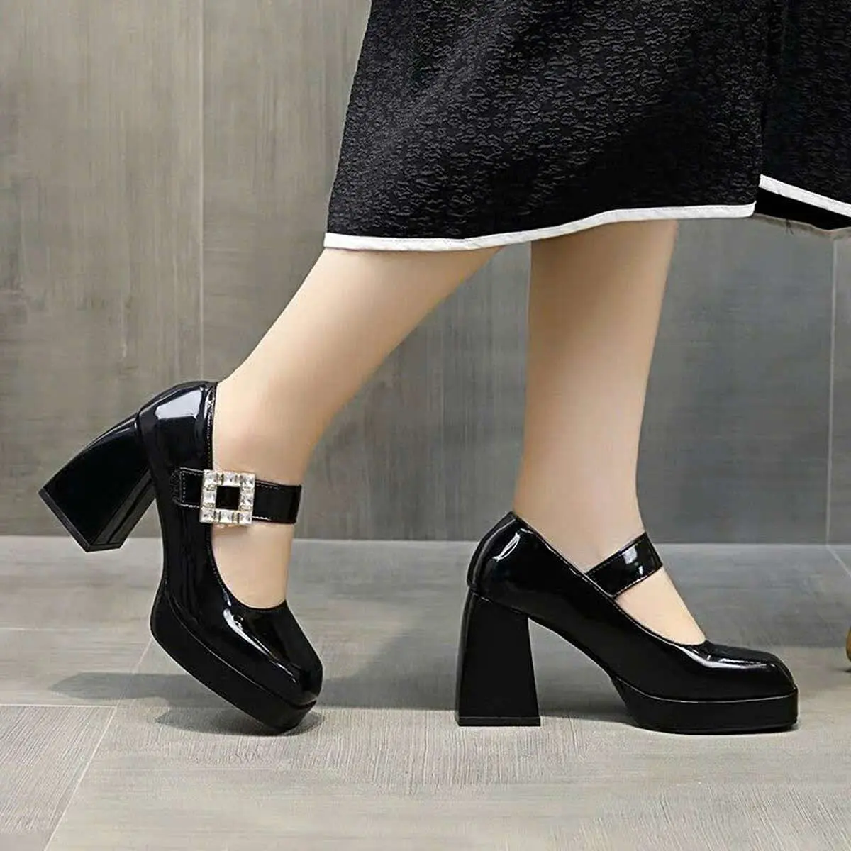 [Phúc Minh]Giầy Cao Gót Nữ Khóa Đá Mũi Vuông Da Bóng Gót 10cm  (PHOM TO NÊN LÙI 1 SIZE) Đế Cao Shoes GiàY