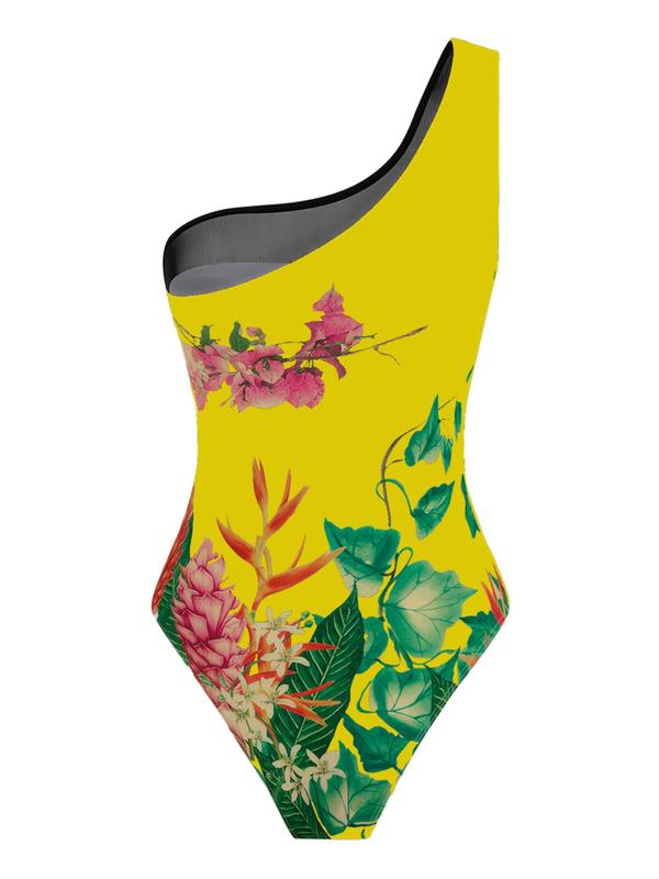 Women's Floral Print One Shoulder Contrast Mesh One-pieces Swimsuit & Wrap Skirt Set, Casual Asymmetrical Knot Front Sleeveless Swimwear for Beach Holiday Vacation, Ladies Swimsuit for Summer 5