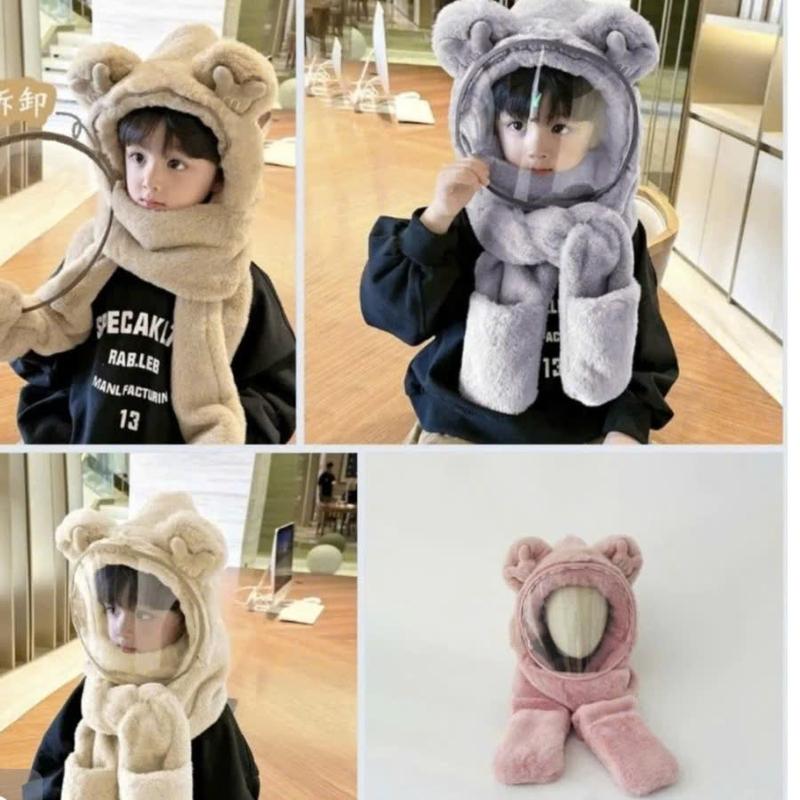 Mũ Lông Trùm Đầu Có Kính Chắn Gió Kèm Khăn Quàng Cổ Và Găng Tay Cho Bé Nón Len Lông Cừu Có Bao Tay - Giữ Ấm - Kem