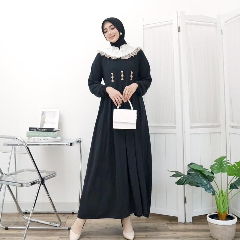 Gamis Renda sweet lengan panjang model fashion wanita muslim modem terbaru new arrival model kekinian kombinasi brukat 5