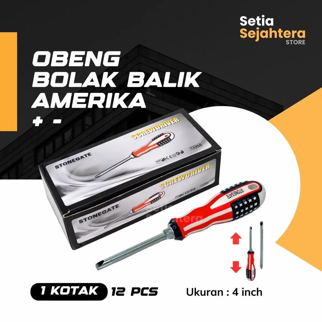 STONEGATE Obeng Bolak Balik Amerika USA 4 inch Plus Minus Pendek Kecil - 1 KOTAK 12 pcs