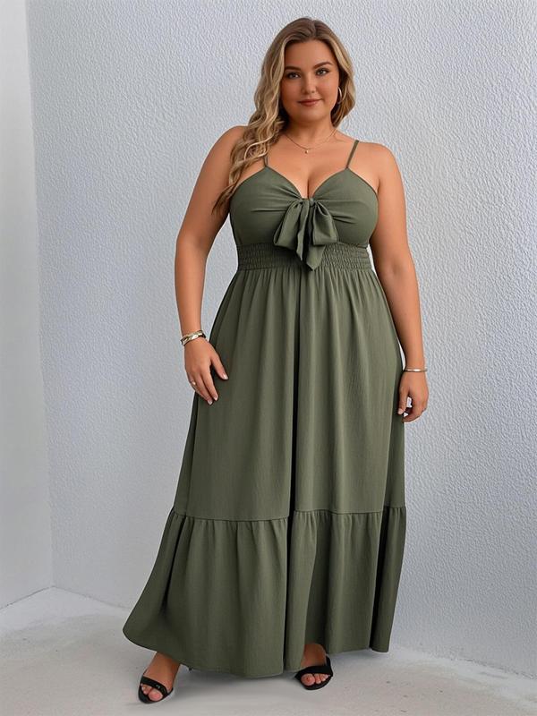 【Plus Size】 Solid Color Tie Front Cami Dress, Plus Elegant Fashion Casual Ruffle Trim Dress for Daily Outdoor Wear, Women Plus Clothing for Summer 7