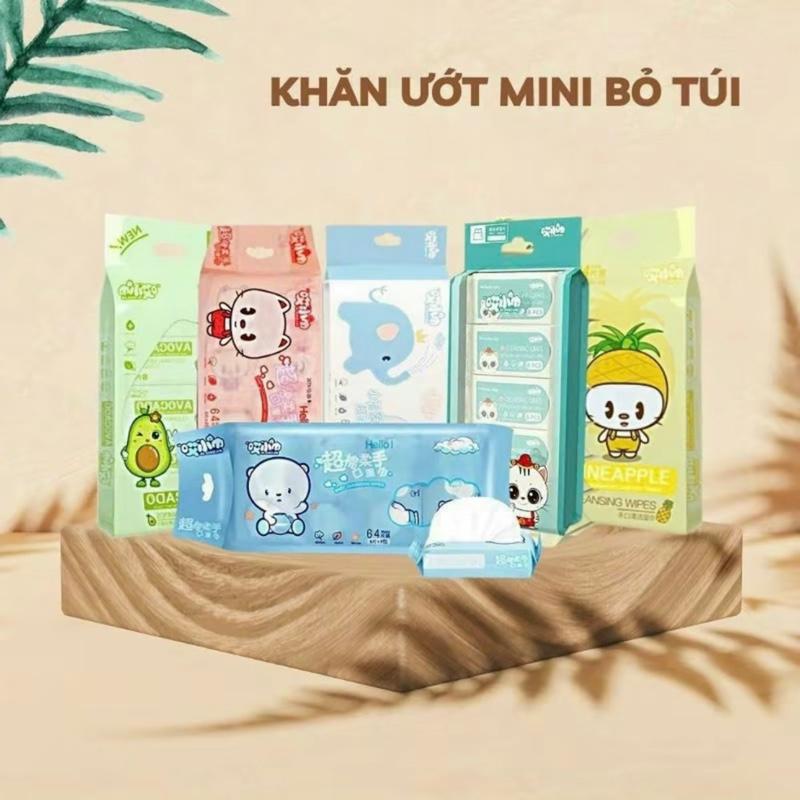   1 Túi 8 gói - Mỗi gói 8 tờ   Khăn Ướt Mini Không Mùi Nhỏ Gọn Tiện Lợi Khăn Giấy Ướt Cho Bé 