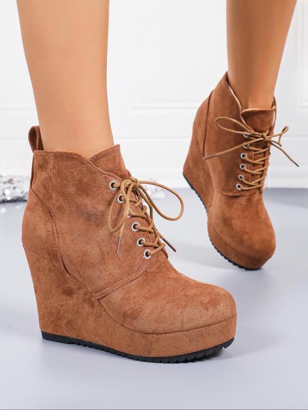 Women's Fashionable Solid Color Lace Up Platform Ankle Boots, Casual Comfortable Wedge Boots for Fall & Winter, Female All-match Trend Shoes for Daily Wear 4