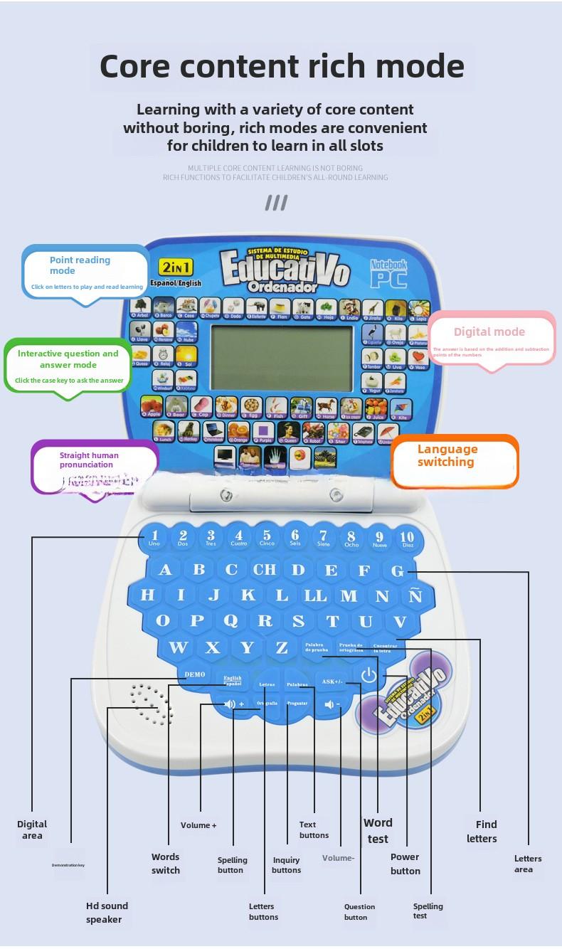 Product Introduction of English Laptop Toy Children's Spanish Point Reading Early Learning Machine Multifunctional Bilingual Learning Machine 5