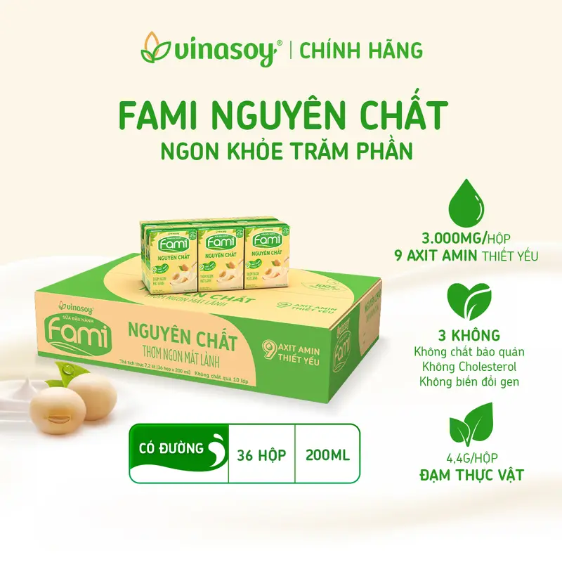 Thùng sữa đậu nành Fami Nguyên chất có đường (36 hộp x 200ml) 0
