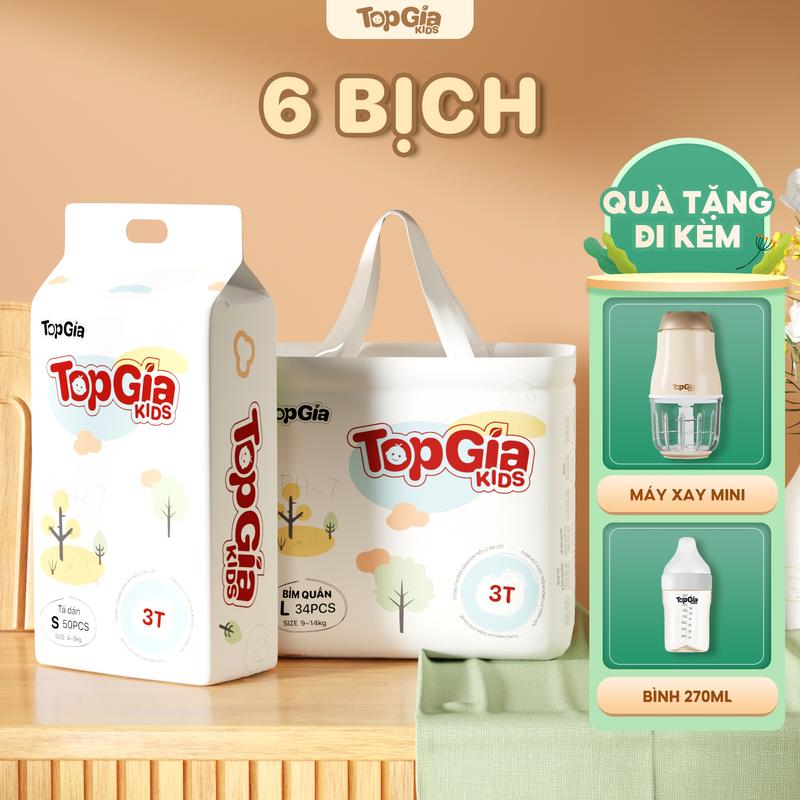6 BỊCH (TẶNG QUÀ) Tã/Bỉm cho bé, bỉm TopGiaKids pH < 7 ngừa hăm, đai chun đệm mây mềm mại co dãn 4 chiều, thấm hút bề mặt khô thoáng size S đến XXXL cho bé từ 4-20kg kem (bỉm)