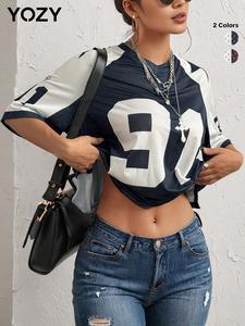 YOZY Women's Colorblock Figure & Star Print Raglan Sleeve Tee, Casual Sheer Half Sleeve Round Neck T-shirt for Summer, Fashion Women's Top for Daily Wear