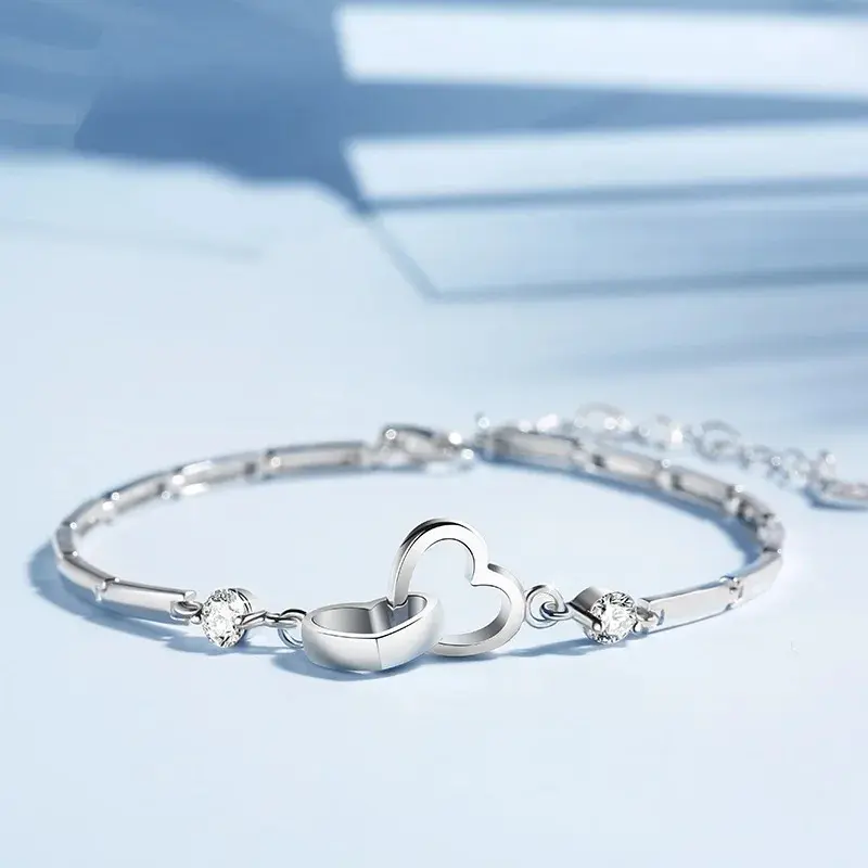 Silver Heart Pendant Bracelet for Women Valentine's Day Cubic Zirconia Couple Jewelry for Wedding