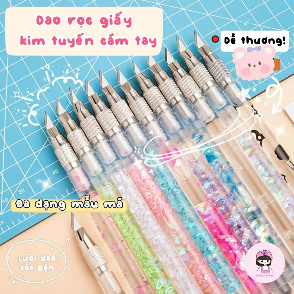 (Tặng 2 Lưỡi Thay) Bút Rọc Giấy, Unbox Kim Tuyến Vương Miện Cầm Tay Dễ Thương Midi Corner