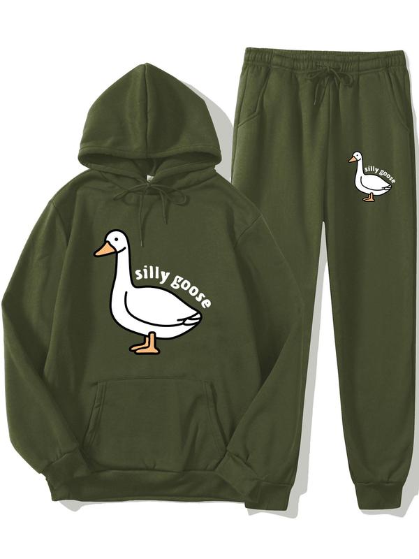 Two Pieces Men's Cartoon Goose Print Drawstring Two-Piece Set, Regular Fit Long Sleeve Pullover & Pocket Pants for Spring & Fall, Men's Outfits for Daily Wear 5
