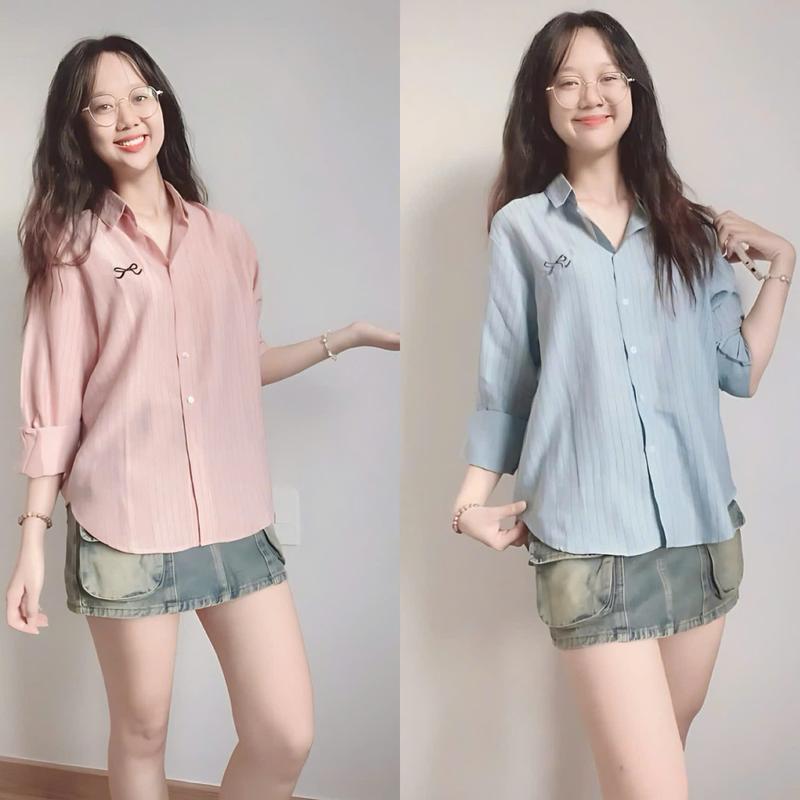 Áo Sơ Mi Sọc Kẻ Đen Mảnh Thêu Nơ, Sơ Mi Chất Tơ Giấy Mềm Mại, Form Rũ Nhẹ Mát Freesize TiQi Clothing Nữ Top